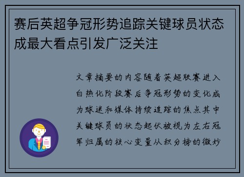 赛后英超争冠形势追踪关键球员状态成最大看点引发广泛关注 赛后英超争冠形势追踪关键球员状态成最大看点引发广泛关注